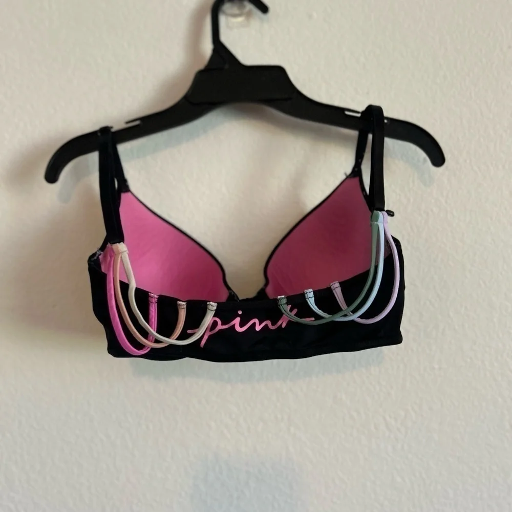 PINK 32D neon and black strappy  open front bra
